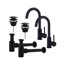 Calvi Kit robinet lavabo - pour double vasque - robinet haut - bec rotatif - bonde clic clac - siphon design bas - Noir mat - Fortifura