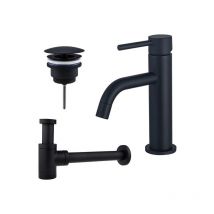 Fortifura - Calvi Slim Kit mitigeur lavabo - robinet bas - bonde non-obturable - siphon design bas - Noir mat