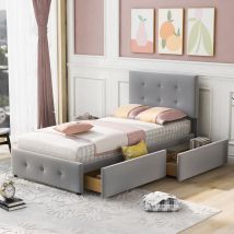 Lit capitonne 90 x 200 cm - avec 2 tiroirs, sommier à lattes et tête de lit relevable, tissu velours, style scandinave - Gris