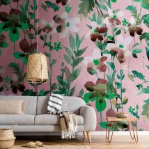 Fototapete Profhome 382731 heißgeprägte Vliestapete glatt mit Blumen-Muster matt grün rosa weiß braun 3,71 m x 2,8 m