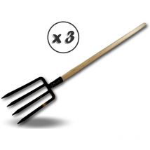 Kibros - Fourche à bêche 4 dents larges Manche de 120 cm en bois Tête en acier forgé - Quantité x 3 - Fourche bêche 4 dents larges
