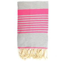 Fouta 100x200 gris rayures rose fluo - 100% coton - franges