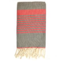 Fouta 100x200 gris foncé rayures rouges - 100% coton - franges