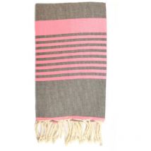 Fouta 100x200 gris foncé rayures rose fluo - 100% coton - franges