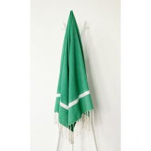 Fouta 100 cm x 200 cm Corfou Vert Bande Blanche - 100% coton - finition franges