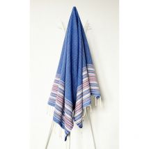 Fouta 100x200 bleu, gris, blanc et rouge - 100% coton - franges