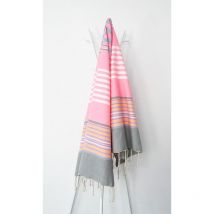 Fouta 100x200 gris, bleu, rose fluo, jaune - 100% coton - franges