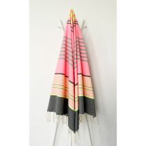 Fouta 100x200 gris, jaune fluo, rose fluo - 100% coton - franges