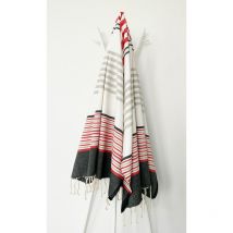 Fouta 100x200 noir, rouge, blanc, beige et gris - coton - franges