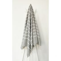 Fouta 100x200 Gris Ciment Rayures Blanches - 100% coton - franges