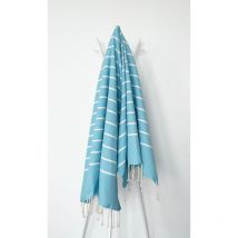 Fouta 100x200 Turquoise Rayures Blanches - 100% coton - franges