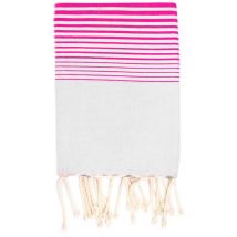 Fouta 100x200 gris rayures rose fluo - 100% coton - franges