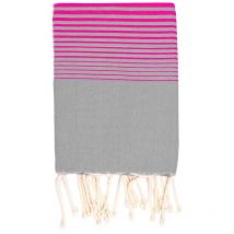 Fouta 100x200 gris foncé rayures rose fluo - 100% coton - franges