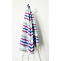 Fouta 100x200 bleu rayures lilas, indigo, grises - coton -franges