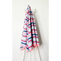 Fouta 100x200 bleu rayures rose, fuchsia, indigo - coton -franges