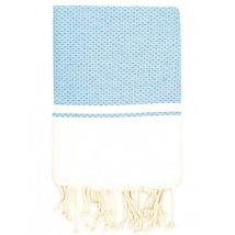 Fouta 100x200 Pik Pik blanche et turquoise - 100% coton - franges