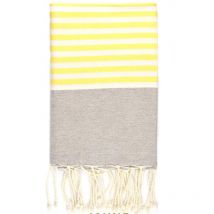 Fouta 100x200 gris rayures blanches, jaune - 100% coton - franges