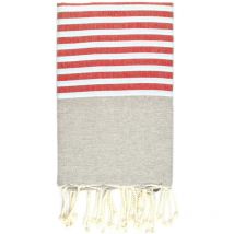 Fouta 100x200 gris rayures blanc, rouge - 100% coton - franges