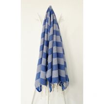 Fouta 100x200 bleu indigo rayures blanches - 100% coton - franges
