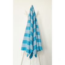 Fouta 100x200 turquoise rayures blanches - 100% coton - franges