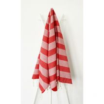 Fouta 100x200 rouge rayures blanches - 100% coton - franges