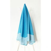Fouta 100x200 turquoise rayures blanches - 100% coton - franges