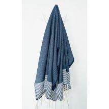 Fouta 100x200 marine rayures blanches - 100% coton - franges