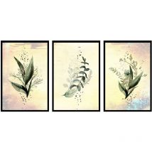 Feuilles en aquarelle Trio, Set de 3 posters muraux - 90x45cm