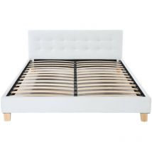 Nuits D'or - frederic - Solide et Confortable Lit avec Sommier + Tête de Lit Capitonnee Couleur blanc + Pieds en 10 cm pour matelas en 140x200 - 2 x