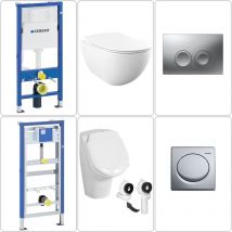 Creavit - free Wand wc spülrandlos mit SoftClose WC-Sitz, Urinal & geberit basic Vorwandgestelle + Betätigungsplatten, chrom