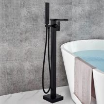 Freestanding Bath Taps Floor Square Bath Filler Mixer Tap with Hand Held Shower Head Black Brass