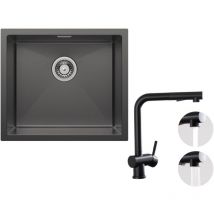 Cecipa Max - Fregadero bajo encimera con 1 seno Fregadero de acero inoxidable 50×44 cm negro antracita + grifo de cocina con 2 tipos de chorro grifo
