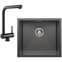 Cecipa Max - Fregadero bajo encimera con 1 seno Fregadero de acero inoxidable de 50×44 cm negro antracita + grifo de cocina negro grifo para