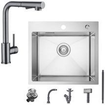 Cecipa Max - Fregadero de 1 seno 50×45CM Fregadero de acero inoxidable cepillado + grifo de cocina con 2 tipos de chorro Grifo para fregadero