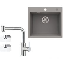 Fregadero de 1 seno de granito gris de 50 x 45 cm + grifo de cocina de 2 tipos de chorro Grifo para lavabo extensible en acabado cepillado, altura