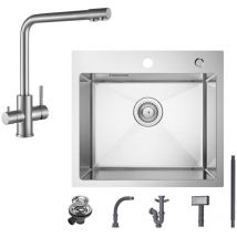 Cecipa Max - Fregadero de 1 seno Fregadero de acero inoxidable de 50 × 45 cm cepillado + grifo de cocina cepillado grifo de fregadero 3 en 1, altura