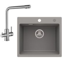Cecipa Max - Fregadero de 1 seno Fregadero de granito gris de 50×45 cm + grifo de cocina cepillado Grifo para fregadero 3 en 1, altura 344 mm