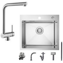 Fregadero de 1 tazón, fregadero de acero inoxidable de 50 × 45 CM, grifo de cocina cepillado + grifo de fregadero cepillado delante de la ventana,