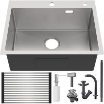 Auralum - Fregadero de 58x45cm con escurridor y dispensador de jabón, Fregadero de Acero Inoxidable Cepillado, Fregadero con desagüe y Sifón, Sobre