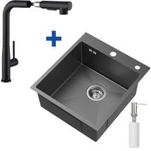 Fregadero de acero inoxidable de 44 x 49 cm + grifo extraíble de alta presión, fregadero para mueble de cocina de 50 cm o más, negro gris