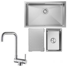 Cecipa Max - Fregadero de cocina 1,5 lavabo 70x44 cm fregadero de acero inoxidable fregadero bajo encimera cepillado + grifo de cocina de ventana