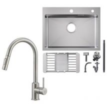 Cecipa Max - Fregadero de cocina 1,5 lavabos Fregadero de acero inoxidable de 70x44 cm Fregadero bajo encimera cepillado + grifo de cocina extraíble