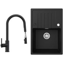 Cecipa Max - Fregadero de cocina 65x45cm fregadero de granito negro antracita con escurridor + grifo de cocina extensible negro con 2 tipos de chorro