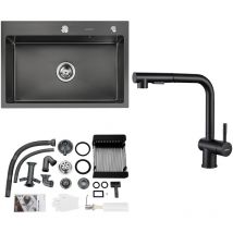 Lonheo - Fregadero de Cocina 68 x 45cm + Grifo de cocina con ducha extraíble en Acero inoxidable Negro, con Dispensador de Jabón 300ml y Sifón set