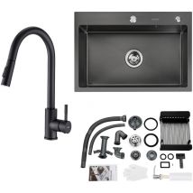 Lonheo Max - Fregadero de Cocina 68 x 45cm + Grifo de cocina U-Forma en Acero inoxidable Negro + Dispensador de Jabón 300ml y Sifón set