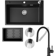 Cecipa Max - Fregadero de cocina 70x45cm fregadero de granito negro antracita con dosificador de jabón + grifo de cocina universal negro alto 380MM