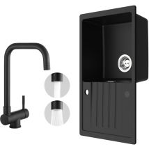 Cecipa Max - Fregadero de cocina 78x45cm fregadero de granito negro antracita con escurridor + grifo de cocina con ventana negro alto 355MM