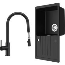 Cecipa Max - Fregadero de cocina 78x45cm Fregadero de granito negro antracita con escurridor + grifo de cocina extensible negro con 2 tipos de chorro