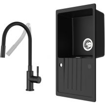 Cecipa Max - Fregadero de cocina 78x45cm fregadero de granito negro antracita con escurridor + grifo de cocina universal negro alto 380MM