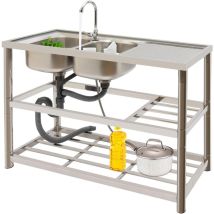 Gojoy - Fregadero de cocina de acero inoxidable, De pie libre doble tazón fregadero de uso con 2 compartimentos y mesa de preparación, para